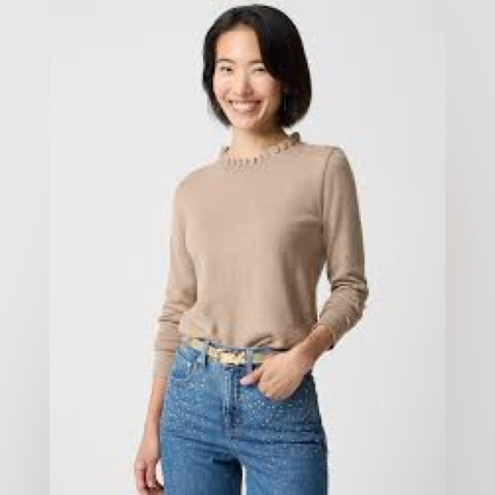 J Crew BLACK Cotton ruffleneck sweater with metallic trim CP336